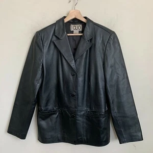 CLIO Leather Jacket Black Leather Collared Buttons Pockets Lined Size M - Picture 1 of 10