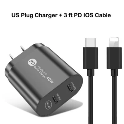 Adaptador de corriente cargador rápido USB-C de 40 W cable de 3/6 pies para iPhone 14 13 12 11 Pro Max Foto 1 de 4