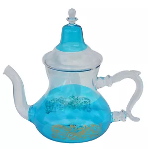 Marokkanischer Teekocher Kaffeekanne Glas Handarbeit Hitzebeständig Blattsieb Aqua - Bild 1 von 4