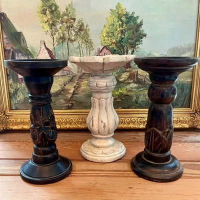 Lot of 3 Black & White Pillar Candle Holders 8" Carved Wood BoHo - Image 1 of 4