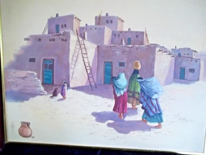 Original Vintage Oil Painting New Mexico? Pueblo  Town Californian  Rose Thomas - Picture 1 of 17