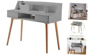 Creativo Writing Study Computer Desk with Solid Wood Legs, Storage Light Grey - Picture 1 of 7