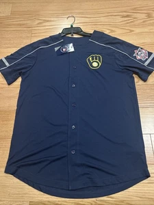 Majestic MLB Baseball Milwaukee Brewers Home Jersey Sz L Men’s Top Navy Training - Picture 1 of 7