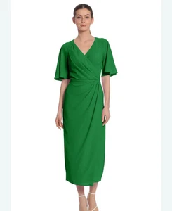 Maggy London grünes seitlich drapiertes Midikleid mit V-Ausschnitt Gr. 12 - Bild 1 von 4