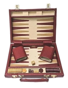 Backgammon da viaggio vintage in pelle Ariete bordeaux e beige - tavola 10" x 15,5" - Foto 1 di 9