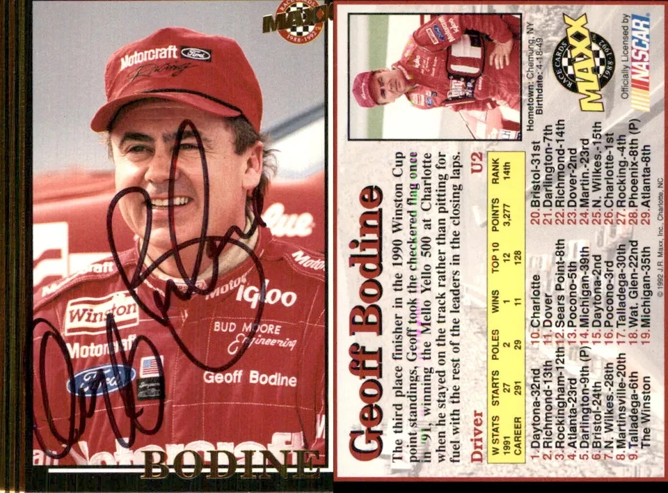 Geoff Bodine Signed 1992 Maxx Update (Red) #U2  NASCAR Bud Moore Engineering - Image 1 of 1