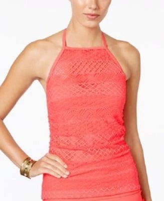 Island Escape Solid Coral High Neck Crochet Tankini Swimsuit Top NWT Size 12 - Image 1 of 3