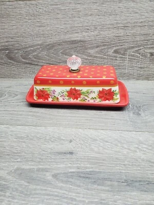 Plato de mantequilla rojo de alegría navideña Pioneer Woman MUY RARO mango de vidrio flor de pascua Foto 1 de 4