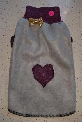 PBK Dog Cat Sweater SMALL Upcycled GRAY FLEECE W/ PURPLE HEATHER HEART RECYCLED  - Image 1 of 4