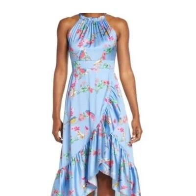 Eliza J Halter High Low Midi Blue Floral Sundress Ruffle Split Hem Size 16 - Image 1 of 4