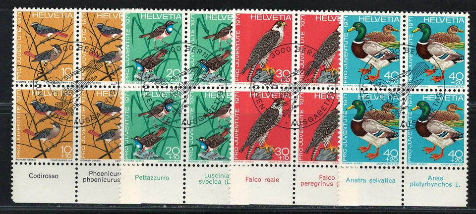 SWITZERLAND 1971 VF NH Precancel 4 x Blocks of 4 Stamps Scott # B402-B405 Birds - Image 1 of 1