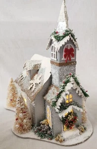 Putz Style Glittery Gold & Silver Cardboard Christmas Holiday Church - Picture 1 of 11