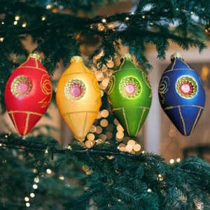 Christmas Ornament Set of 4 Multi Color Retro Reflectors Glass Finial Vintage - Picture 1 of 19