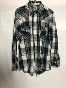Ely Cattleman Pearl Snap Shirt Western Green White Plaid Long Sleeve  Large - Picture 1 of 3