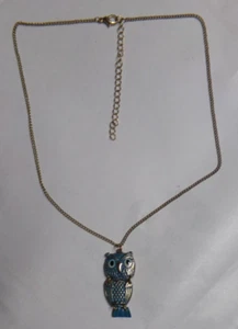 Vintage blau & goldfarben aufklappbarer Eulenanhänger an 18" goldfarbener Kette Halskette - Bild 1 von 6
