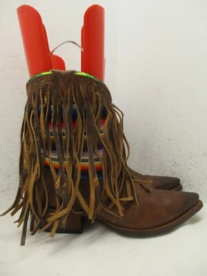 Macie Bean Short Brown Leather Side Zip Fringe Fiesta Cowboy Boots Womens Sz 9 M - Image 1 of 4
