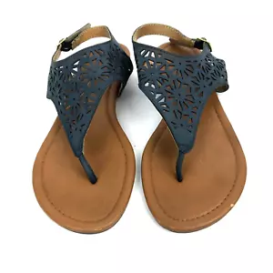 Olivia Miller Sandalen marineblau lasergeschnittener Tanga flacher Knöchelwickel Größe 6 - Bild 1 von 8