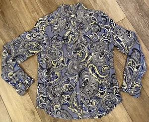 Charter Club Womens Top S 100% Linen Button Up Blue White Paisley 3/4 Roll Tab - Picture 1 of 5