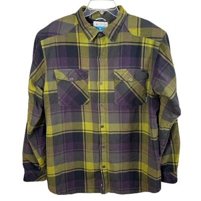 Columbia Para Hombres Forrada de Vellón Franela Camisa Chamarra Manga Larga Cuadros Verde Púrpura Foto 1 de 4