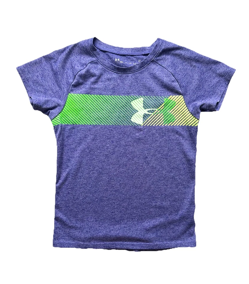 Under Armour 6X Active Shirt Girl's Purple Green Short Sleeve Logo - Image 1 of 4