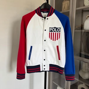 Polo Ralph Lauren Shield Logo Red White Blue Baseball Jacket M USA Snap Bomber - Picture 1 of 7