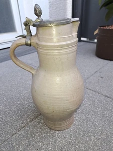 Krug Zinndeckel Bembel Weinkrug Vase Steinzeug Steingut mit Muster - Bild 1 von 12