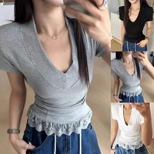 Fashionable Women Solid Color T Shirt with Lace Shoulder Pad for Summer - Picture 1 of 20