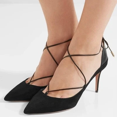 Zapatos de salón Aquazzura Fellini negros gamuza cuero recortado punta corbata al tobillo talla 37/7 Foto 1 de 4