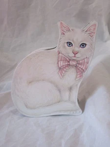 Caja de lata vintage blanca para gato de dos caras rayas rosas arco ojos azules metal 6,5" x 7" - Imagen 1 de 4