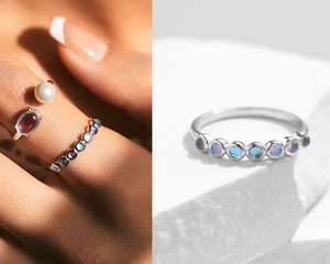 Real 925 Sterling Silver Ring Moonstone Half Eternity Stacking Dainty Minimalist - Picture 1 of 12