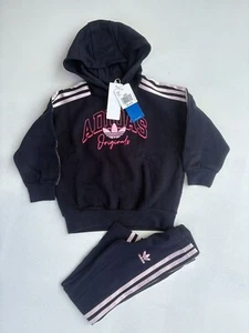 Adidas Originals Kids Hoodie & Leggings Set 5Y 2XS Black W/ Pink Stripes Cotton - Picture 1 of 5