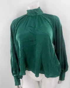 Aura Bluse Damen Large Grün Satinoptik Langarm Tie Back Mock Neck Arbeit - Bild 1 von 7