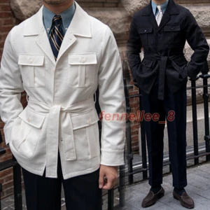 Men British Retro Hunting Coat Pockets Safari Jacket Slim Fit Tops Business Suit - Picture 1 of 22