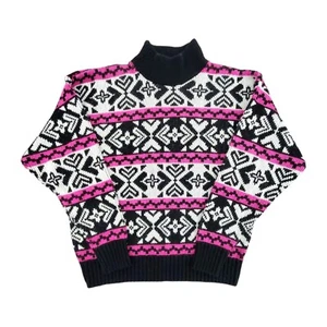 Vintage 80er 90er Jahre Damenpullover M Fair Isle Winter Mock Ausschnitt schwarz rosa weiß USA - Bild 1 von 23