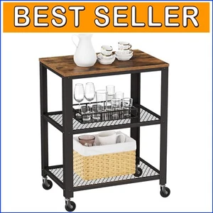 Durable 3-Tier Storage Cart on Wheels, Rustic Brown Wood & Steel Construction - Picture 1 of 10