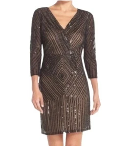 Adrianna Papell Damen Cocktailkleid schwarz Halstuch vorne Perlen V-Ausschnitt Mini 6 neu - Bild 1 von 5