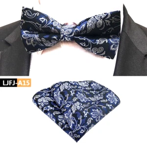 Mens Pre-Tied adjustable Bow Tie Floral Blue White Bowtie Hanky Wedding Party - Picture 1 of 1