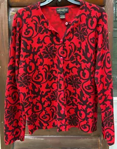 Requirements Sweater Women Large Red Black Floral Long Sleeve Button Up Cardigan - Picture 1 of 12