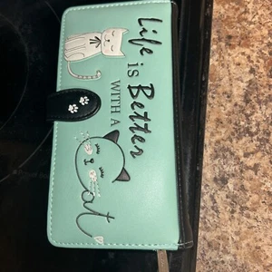 ShagWear Large Zipper Wallet LIFE IS BETTER WITH A CAT Teal 7" EUC - Picture 1 of 4
