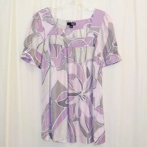 100% Silk Blouse Smock Top Square Neck Puff Sleeve Side Zip Sz L Abstract Floral - Picture 1 of 5