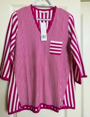 Foxcroft Sweater Size M Jaden V Neck Striped Forever Fuchsia Pink, NEW with Tag - Image 1 of 4