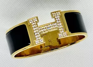 Rare Hermes Bling Clic Clac H Black Enamel Gold Plated Wide Bracelet Bangle - Picture 1 of 4