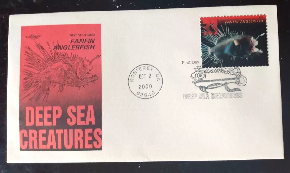 fan fin anglerfish DEEP SEA CREATURES PURPLE 2000 ARTMASTER CACHET FDC UNADDR - Image 1 of 1