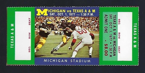 1977 NCAA TEXAS A&M AGGIES @ MICHIGAN WOLVERINES FULL UNUSED FOOTBALL TICKET Cover