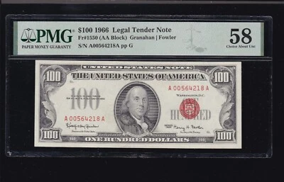 US 1966 $100 Legal Tender  FR 1550 PMG 58 Ch AU (218) - Image 1 of 2