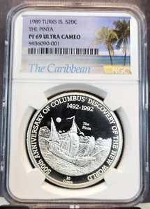 1989 TURKS & CAICOS SILVER 20 CROWNS THE PINTA NGC PF 69 ULTRA CAMEO TOP POP - Picture 1 of 5