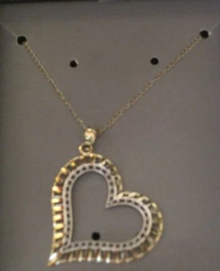 10K Solid Yellow Gold Rhodium Accents Diamond Cut 25mm Heart Pendant Chain NEW - Picture 1 of 2