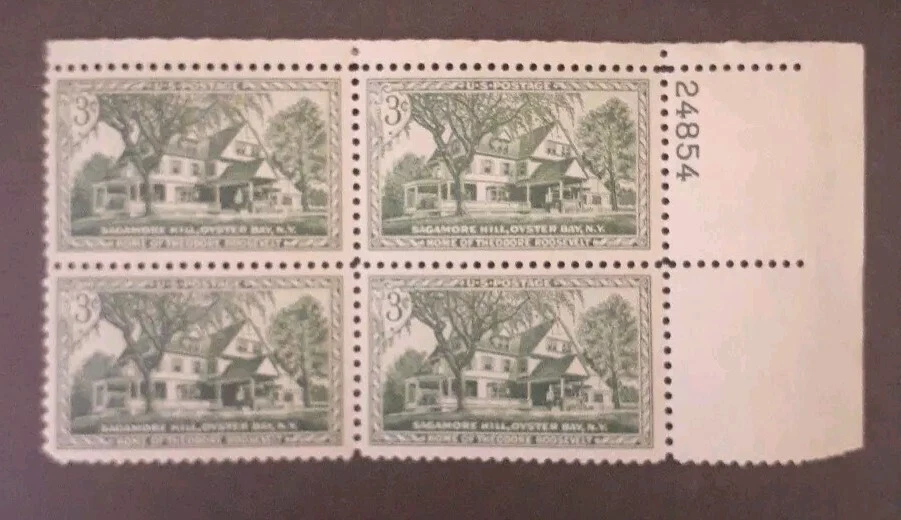 1953 US Stamp 3c Scott# 1023 Sagamore Hill Plate Block of 4  MNH OG - Image 1 of 2