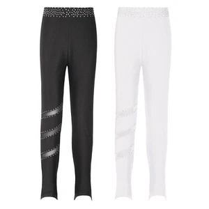 Kids Girls Tights Trousers Workout Tights Pants Sheer Mesh Stripes Rhinestones - Picture 1 of 30