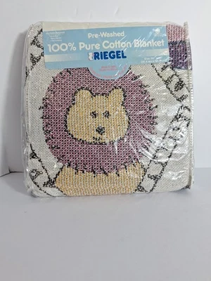 Винтажное хлопковое жаккардовое плетеное детское одеяло Riegel 36x48 животные зоопарка сделано в США - Изображение 1 из 4
